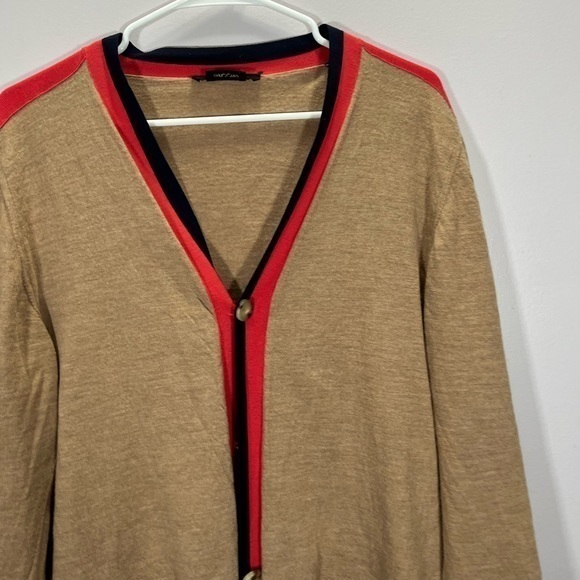 Marc Jacobs Women’s Tan Red Striped 100% Wool Button Front Cardigan Sweater - Picture 4 of 13